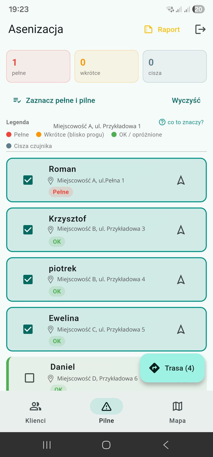 Lista pilnych zbiorników z zaznaczeniem do trasy