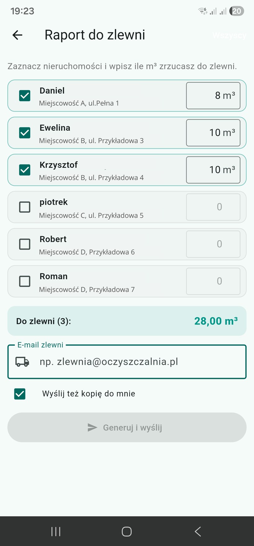 Ekran generowania raportu do zlewni