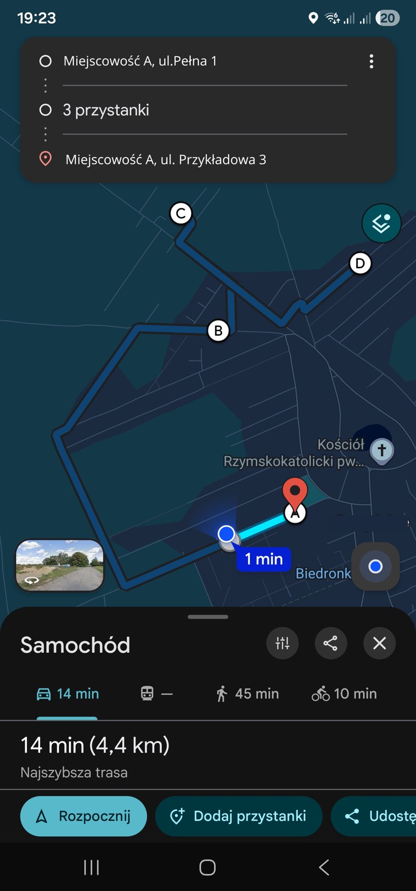 Zoptymalizowana trasa opróżnień w Mapach Google